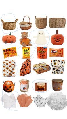 various halloween items are arranged in the shape of a collage with pumpkins and ghost faces