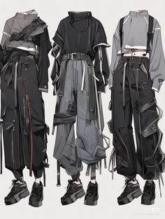 three different types of clothing on mannequins, one in black and the other in grey