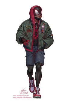 a drawing of a man in a green jacket and red hoodie with his hands on his hips