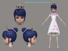 an animation character with blue hair wearing a tiara and dress, standing in three different poses