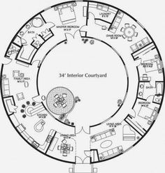 the circular house floor plan is shown in black and white