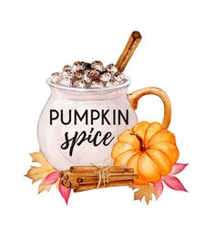 a watercolor painting of pumpkin spice in a mug