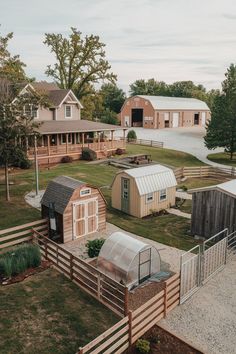 an aerial view of several farm buildings