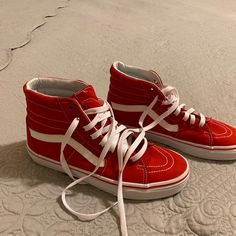 Vans High Top Sk8-Hi Formula One Red Canvas Skate Shoes Brand New Never Worn. Same Ones Sold On Zumiez For $49.99 And Out Of Stock. Silly Shoes, Red Vans Shoes, Vans Boots, Vans Aesthetic, Vans High Top, Mha Dr, Skating Shoes, Silly Clothes, Vans High