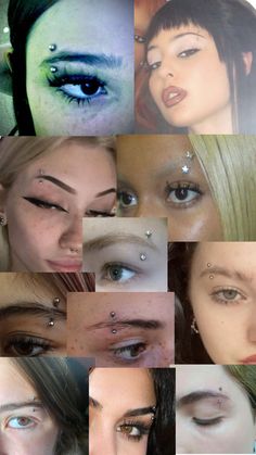 many different pictures of women with piercings on their forehead and eyes, all showing the same