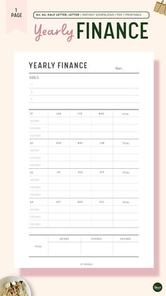 a printable financial planner with the words yearly finance on it and a bowl of cereal