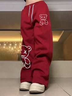 Manfinity Hypemode Loose Men's Cartoon Bear Printed Drawstring Waist Sweatpants Baggy Long Graphic Plain Dark Red Going Out FunnyI discovered amazing products on SHEIN.com, come check them out! Dark Red Clothes, Sweatpants Baggy, Casual Sporty Outfits, High Street Fashion, Trendy Outfits For Teens, Cute Pants