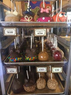 a display case filled with lots of different types of candies and chocolate lollipops