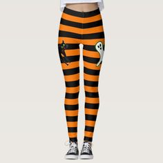 Halloween Party Spooky Cat Cute Ghost Black Orange Leggings #Halloween #costumes #cosplay Halloween Queen, Orange Pants, Orange Leggings, Halloween Orange, Witch Costume, Leggings Pattern, Striped Leggings