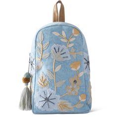 80% Cotton 20% Pu Blue Bags With Floral Embroidery For Daily Use, Casual Blue Embroidered Bag, Daily Use Blue Bags With Floral Embroidery, Floral Embroidered Backpack For Daily Use, Embroidered Everyday Bags For Back To School, Floral Embroidery Backpack For Everyday Use, Casual Floral Embroidered Backpack, Everyday Floral Embroidery Backpack, Floral Embroidery Travel Backpack