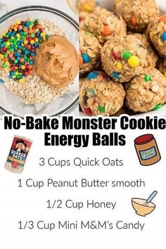 no - bake monster cookie energy balls recipe with 3 cups quick oats and 1 cup peanut butter smoothie