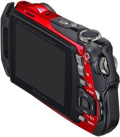 a red digital camera on a white background