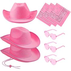 PRICES MAY VARY. 🎁You will get 3 x pink cowgirl hats, 3 x pink bandanas, and 3 pairs of heart-style sunglasses. It will meet your decorative needs, and suit for adult cowboy cosplay. 🎁Premium Material: The pink cowgirl hats are made of premium felt material, which is reliable, lightweight, soft, and comfortable to wear. The adjustable chin is made of quality polyester material, you can adjust length. 🎁Adult Size Cowgirl Hats: Women cowboy hat size is 14.8L x 11.8W x 4.5H inches, the head inne Cowgirl Hat Bridal Party, Coboy Hat Pink, Pink Vowboy Hat, Cowboy Hat Set, Pink Cowgirl Birthday Hat, Pink Space Cowgirl Hat, Neon Pink Cowgirl Hat, Pink Cowgirl Hats Party, Gowgirl Hats