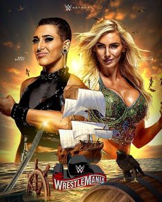 the two women are posing in front of a poster for wwe's wrestling world