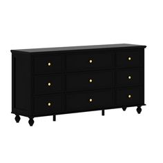 a black dresser with gold knobs on the top and bottom drawers, against a white background