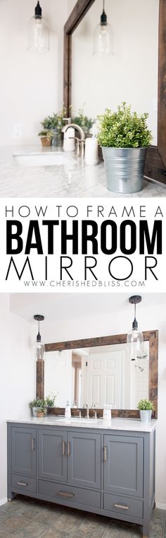 the before and after photos of bathroom vanity makeover with white walls, gray cabinets and wood floors