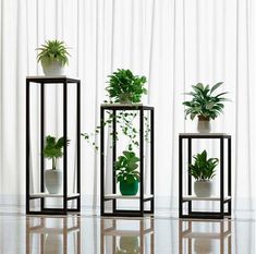 three plant stands with plants in them on the floor