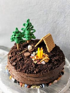 there is a cake that has been made to look like a house with trees on top