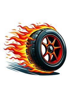 an image of a car wheel with fire on it's side and the tire spinning