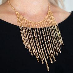 Varying In Length, Mismatched Gold Chains Stream From The Bottom Of A Classic Gold Chain. Faceted Golden Crystal-Like Beads Sporadically Dot The Free-Falling Chains, Creating A Statement-Making Fringe Below The Collar. Features An Adjustable Clasp Closure. Sold As One Individual Necklace. Includes One Pair Of Matching Earrings. Champagne Necklace, Turquoise Accessories, Xo Necklace, Vintage Rhinestone Necklace, Multi Strand Beaded Necklace, Multi Chain Necklace, Star Charm Necklace, Amethyst Necklace Pendant, Crystal Bead Necklace