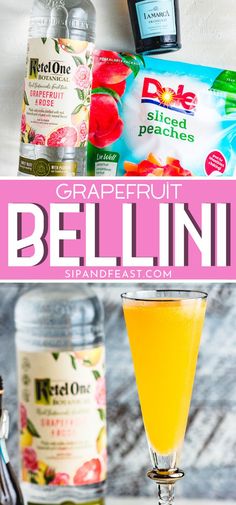 grapefruit bellini in a glass next to an empty bottle and two bottles