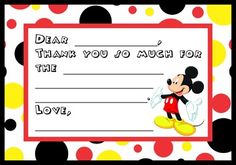 a mickey mouse thank card with polka dots