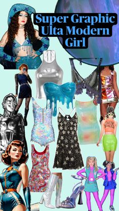 a collage of women's clothing and accessories with the title super graphic ultra modern girl