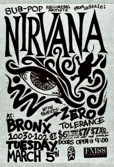 a poster for nirvana with an eyeball in the center and words above it that read,