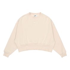 White Athleisure Sweatshirt With Ribbed Collar, Nike Crew Sweats Athleisure, Nike Crew Sweats In Athleisure Style, Nike Crew Athleisure Sweats, Sports Sweatshirt With Ribbed Cuffs, Sportswear Sweatshirt With Ribbed Cuffs, Casual Cream Sweats With Ribbed Cuffs, Oversized Casual Activewear For Leisure, Casual Oversized Activewear For Leisure