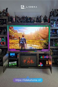 an entertainment center with video games on the wall and shelves full of action figures in front of it