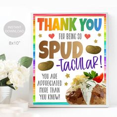 a thank you card for someone special to have had in their wedding day, with the words'thank you spud - tacular'written on it