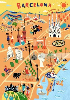 an illustrated map of barcelona, spain with people walking and sitting on the beach in front of it