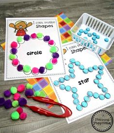 two matching shapes worksheets with scissors and paper beads on the table next to them