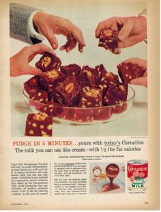 an old advertisement for fudge chocolate with hands grabbing pieces out of it to eat