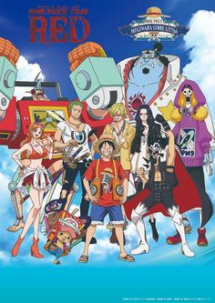 the cast of one piece is standing in front of a blue sky with clouds and cartoon characters