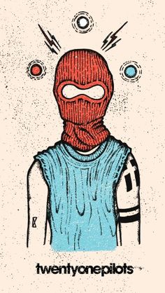 a drawing of a person wearing a red mask with the words twenty one pilots above it