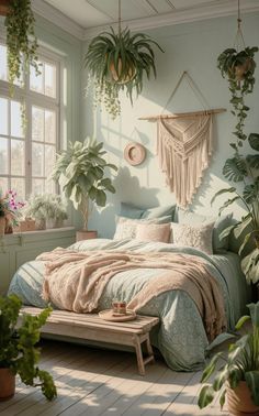 a bedroom with potted plants on the wall and a bed in the middle,