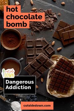 there are chocolates and nuts on the table with words above them that read, hot chocolate bomb dangerous addition