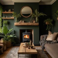 a living room filled with furniture and a fire place in front of a mirror on the wall