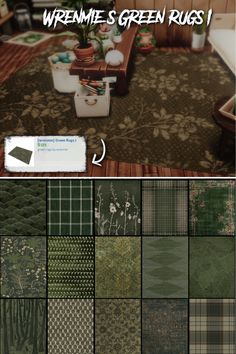 an assortment of green rugs in different colors and patterns, with text overlaying them