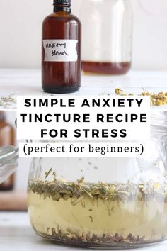 An amber glass dropper bottle with a label that says "anxiety blend". There is dried chamomile and lavender in front of it. A glass jar with the lid open with herbs steeping in alcohol. There is an amber dropper bottle in the background. Homemade Herbal Tinctures, Tinctures For Colds, Immunity Tincture Recipe, Apothecary Recipes Remedies, Toothache Plant Tincture, Amber Apothecary Jars, Dropper Bottle Uses, Home Made Medicine, Natural Tinctures