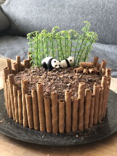 a cake decorated with bamboo sticks and pandas on top is sitting on a table