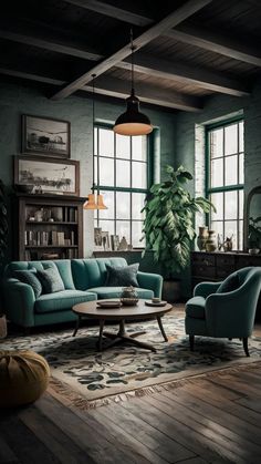 a living room filled with furniture and windows