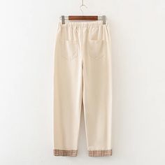 Korean Casual Pants - Pastel Kitten Beige Pants With Elastic Waistband For Fall, Fall Jeans With Elastic Waistband, Cream Pants With Pockets For Winter, Stretch Cotton Cream Pants, Cream Stretch Cotton Pants, Winter Beige Pants With Elastic Waistband, Winter Cream Pants With Pockets, Fall Beige Cotton Bottoms, Fall Ankle-length Jeans With Elastic Waistband