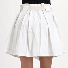 Suno, White Flared Twill Skirt, Brand New Designer Skirt: Suno, White Flared Twill Skirt, Brand New, Soft pleats and a wide belt accent this contemporary silhouette. SUNO Skirts Casual White Skort With Pleated Waist, Spring Belted Skirt Bottoms, Spring Daywear Mini Skirt, Belted Skirt For Spring, Spring Mini Skirt For Daywear, Chic Pleated Cotton Mini Skirt, Chic Daywear Mini Skirt, White Ruffled Pleated Skirt For Spring, Chic Spring Daywear Skort