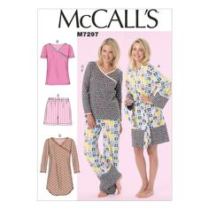 two women's pajamas and one woman's top sewing pattern from the misses