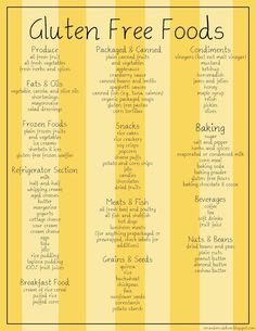 a recipe for gluten free foods on a yellow and white striped tablecloth