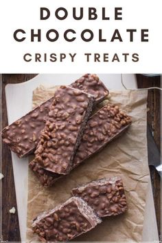 chocolate crispy treats on parchment paper with text overlay that reads double chocolate crispy treats