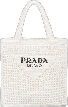 Designer White Bag With Embroidered Logo, Designer Beige Crochet Shopping Bag, White Bags With Embroidered Logo For Shopping, White Luxury Crochet Bag, Beige Logo Bag For Summer, White Crochet Tote Bag, Bag Prada, Lettering Logo, Crochet Tote Bag