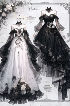 two dresses are shown in black and white, with flowers on the bottom right side